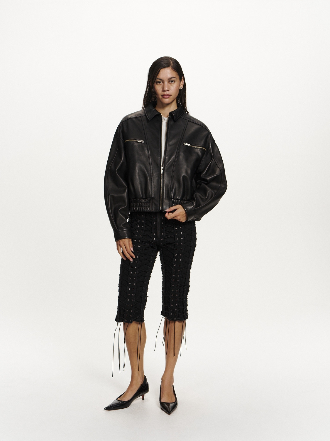 WOMENS LEATHER BOMBER JACKET 詳細画像 Black 7